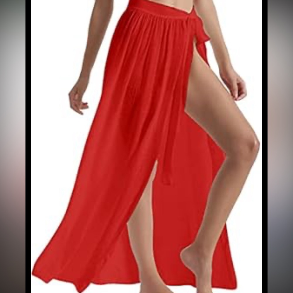 50%offw❤️ Red festival sarong cover up skirt swimsuit ruched tie side sheer L